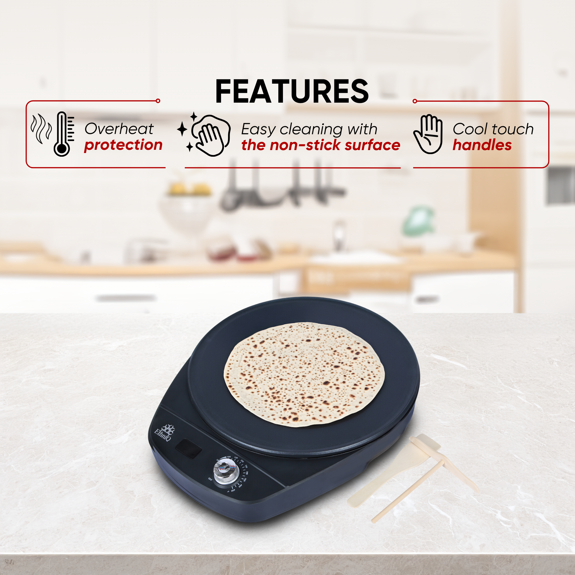 ETHNIQ 16" Electric Injera Maker - Griddle for Crepe, Lefse, Mogogo, Mitad, Pancake - Adjustable Heat Control with Digital Screen - Non-Stackable Surface - Even Heat Distribution