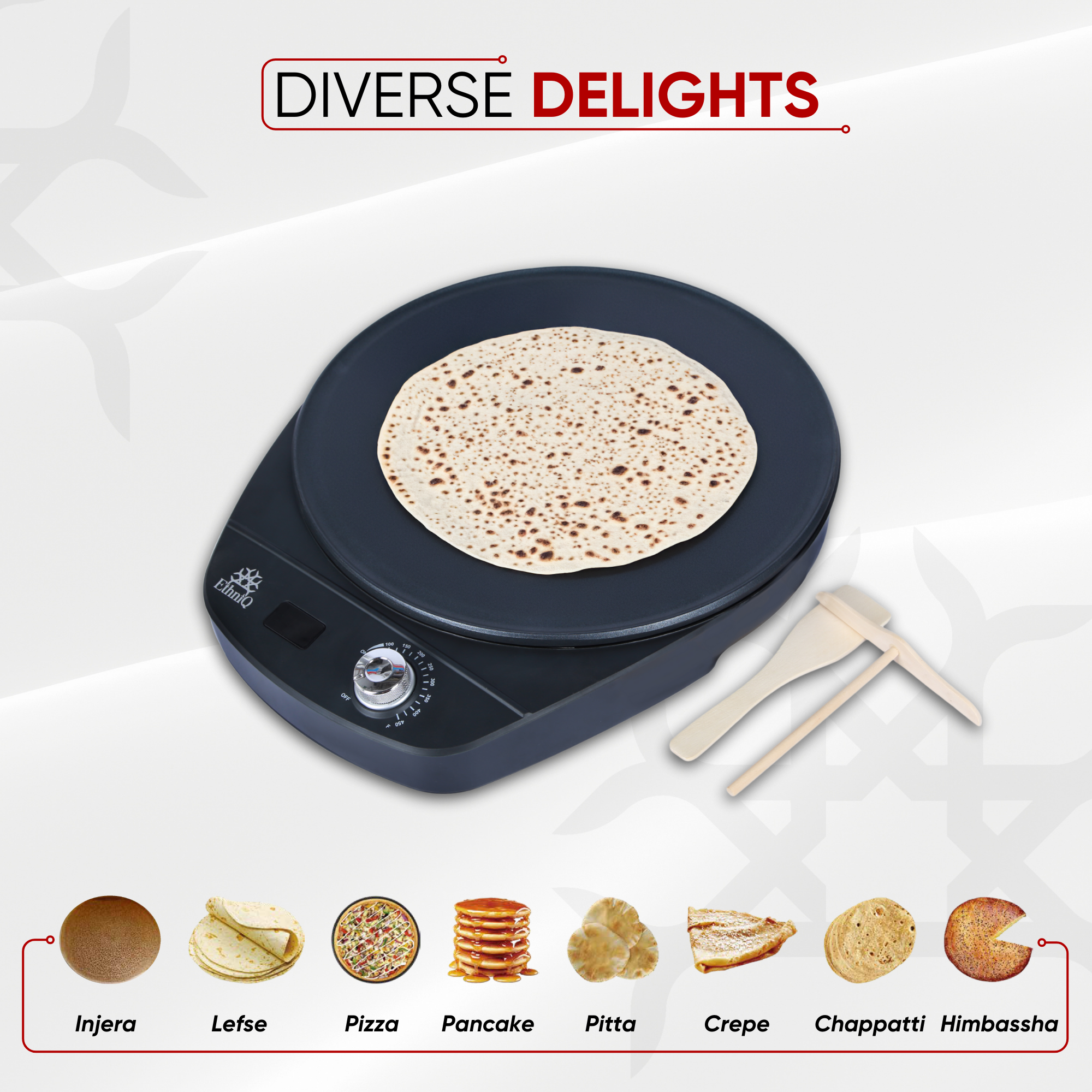 ETHNIQ 16" Electric Injera Maker - Griddle for Crepe, Lefse, Mogogo, Mitad, Pancake - Adjustable Heat Control with Digital Screen - Non-Stackable Surface - Even Heat Distribution