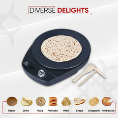 ETHNIQ 16" Electric Injera Maker - Griddle for Crepe, Lefse, Mogogo, Mitad, Pancake - Adjustable Heat Control with Digital Screen - Non-Stackable Surface - Even Heat Distribution